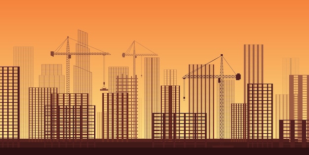 Edificios en construcción Proceso de trabajo en el sitio con grúas y rascacielos en construcción Marco de casas Ilustración vectorial horizontal de la construcción