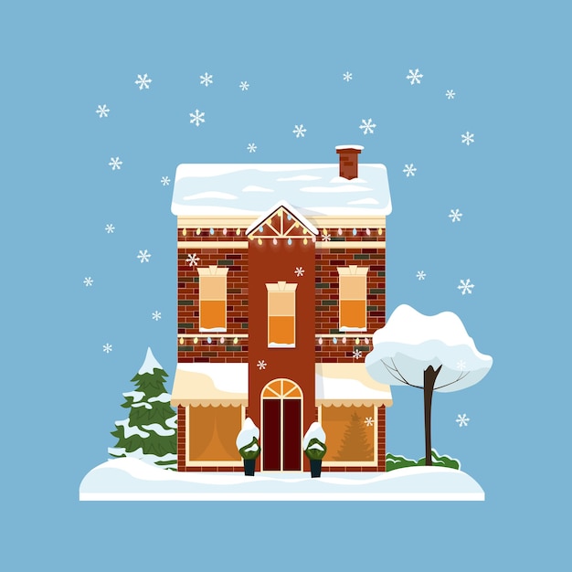 Edificios decorados con abeto para año nuevo y Navidad, vacaciones y celebración, arquitectura de invierno