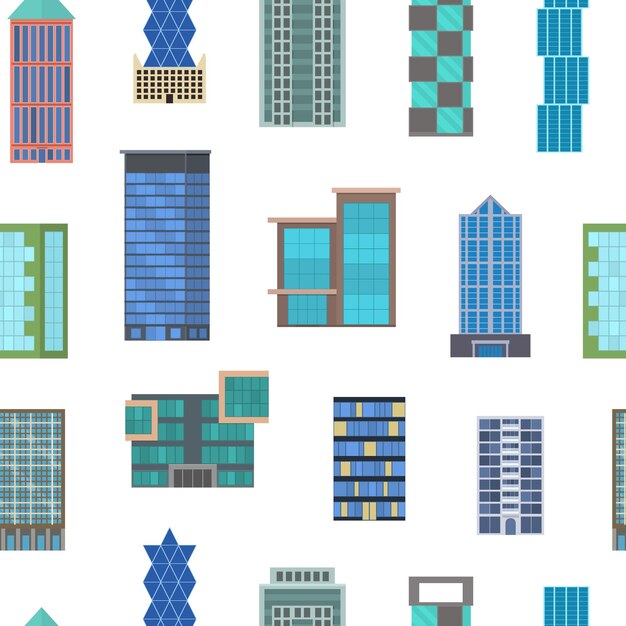 Vector edificios de dibujos animados señales de patrón sin costuras fondo en una arquitectura urbana moderna blanca oficina de construcción o concepto de hogar estilo de diseño plano ilustración vectorial del edificio