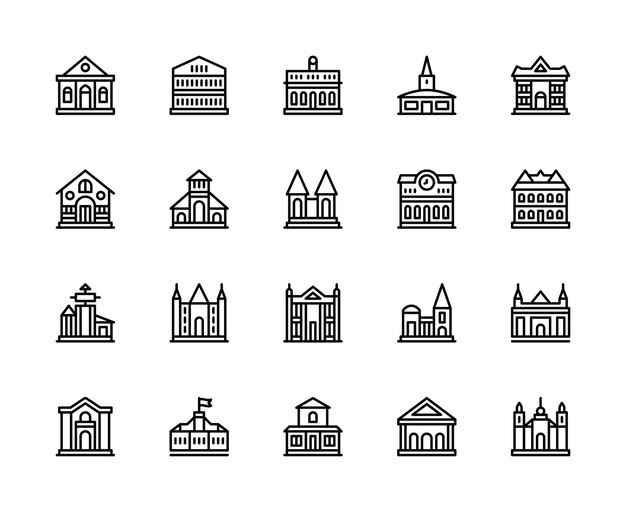 Edificios y estructuras conjuntos de iconos lineales vectoriales Edificios iconos de universidades sinagogas mezquitas bungalows y más