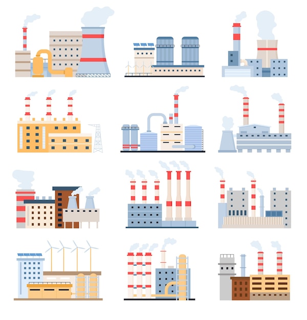 Edificios fabriles. plantas de energía ecológica con paneles solares y molino de viento, fabricación de productos químicos y complejo industrial. conjunto de vectores de fábricas planas. ilustración fábrica industrial, fabricación de energía