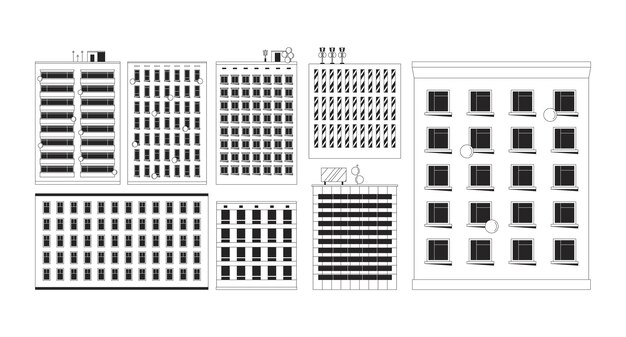 Edificios de gran altura en una variedad de estilos arquitectónicos con antenas conjuntos de objetos de línea 2D