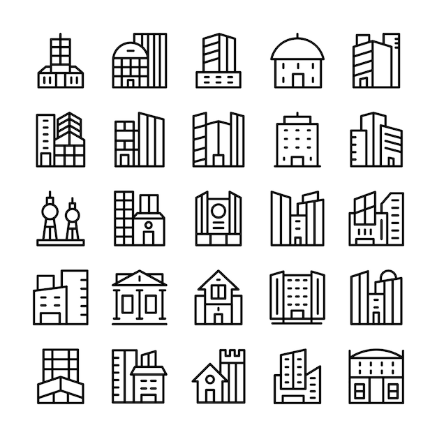 Edificios, iconos de líneas de puntos de referencia 0