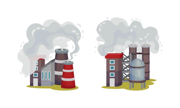 Edificios industriales establecidos Fábricas y centrales eléctricas con ilustración vectorial del humo de las chimeneas