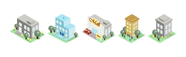 Edificios isométricos de la ciudad con conjunto vectorial de patio y árbol en crecimiento