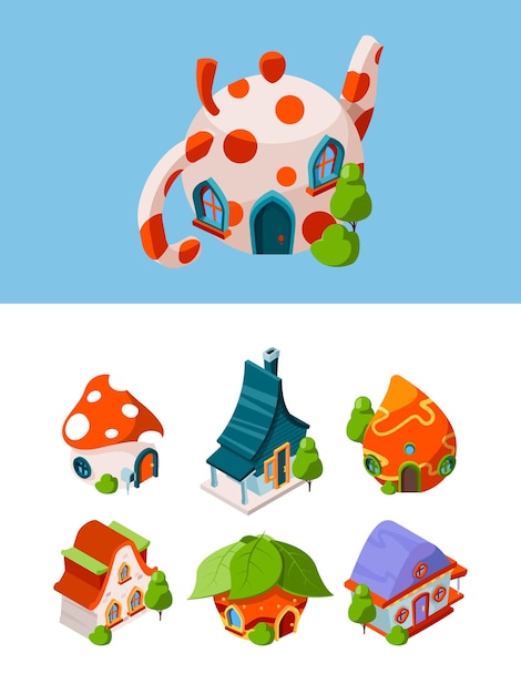 Edificios isométricos de fantasía. Objetos de juegos de vector de cabaña medieval de construcción de cuento de hadas aislados. Ilustración 3d cuento de hadas isométrico, casa de setas, fabulosa casa medieval