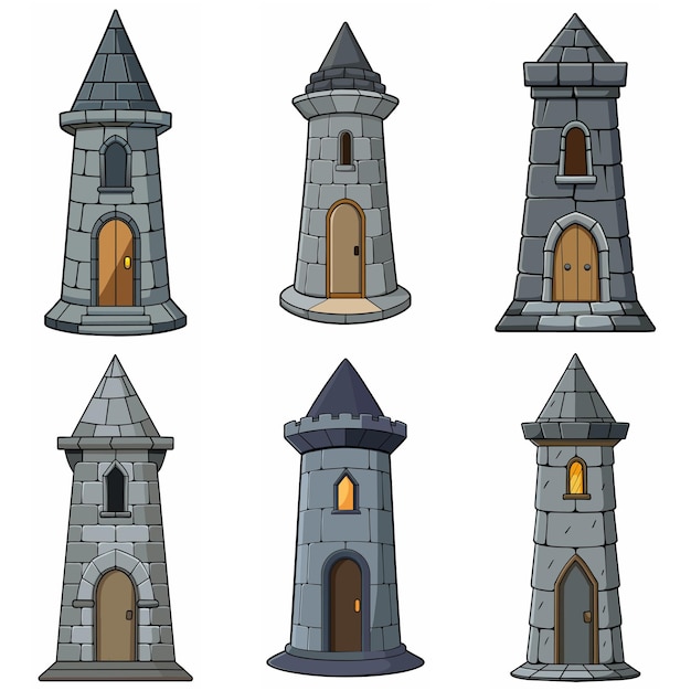 Edificios medievales de piedra, ladrillos, torres, puertas del castillo, torre de vigilancia del fuerte, edificios de piedra, estilo de juego RPG.