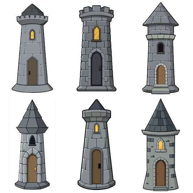 Edificios medievales de piedra, ladrillos, torres, puertas del castillo, torre de vigilancia del fuerte, edificios de piedra, estilo de juego RPG.