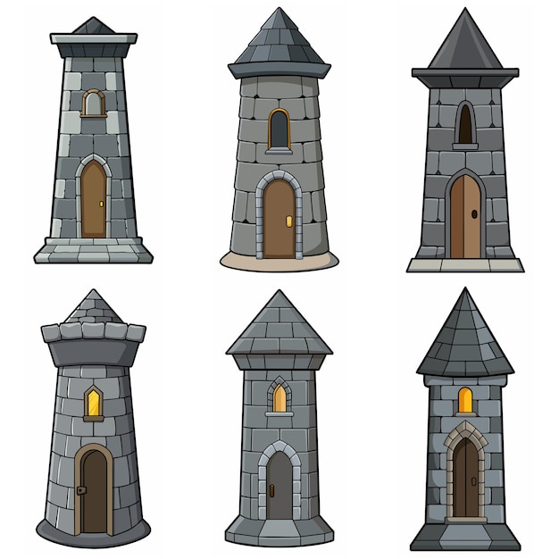 Edificios medievales de piedra, ladrillos, torres, puertas del castillo, torre de vigilancia del fuerte, edificios de piedra, estilo de juego RPG.