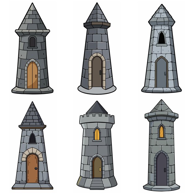Edificios medievales de piedra, ladrillos, torres, puertas del castillo, torre de vigilancia del fuerte, edificios de piedra, estilo de juego rpg.