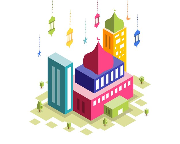 edificios de mezquitas con vector de estilo isométrico