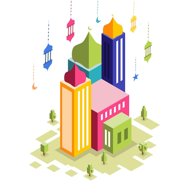 edificios de mezquitas con vector de estilo isométrico