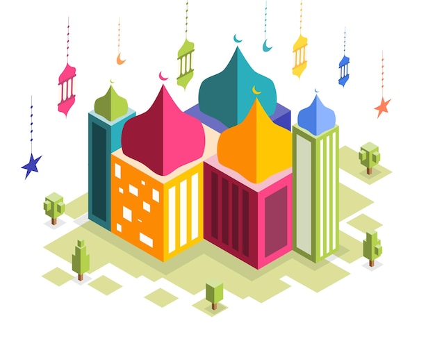 edificios de mezquitas con vector de estilo isométrico
