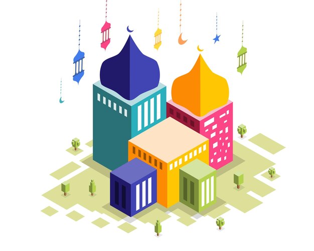 edificios de mezquitas con vector de estilo isométrico