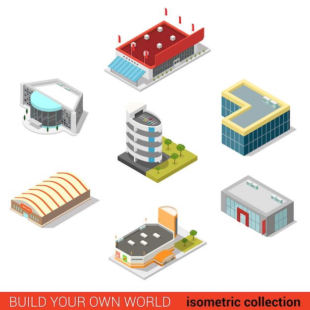 Edificios públicos isométricos planos d bloque concepto de infografía