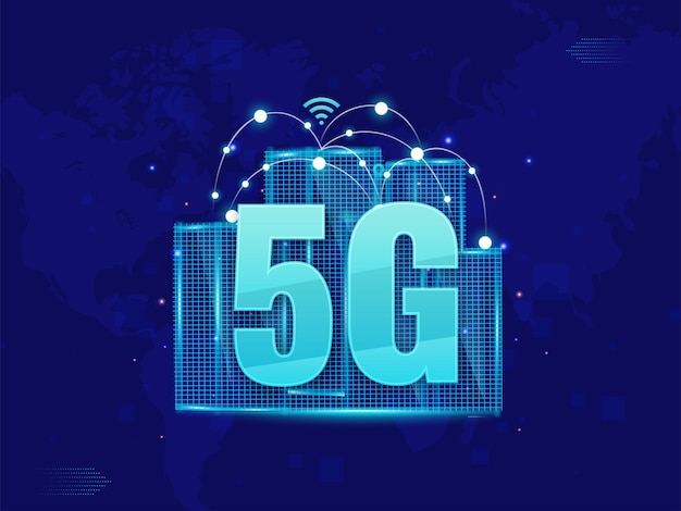 Vector edificios residenciales de conectividad de red 5g sobre fondo azul en todo el mundo