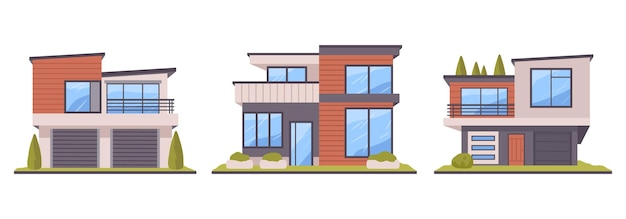 Edificios residenciales suburbanos Bienes raíces modernos casas urbanas contemporáneas villas y casas de campo arquitectura vector plana conjunto de ilustraciones casas dibujadas a mano