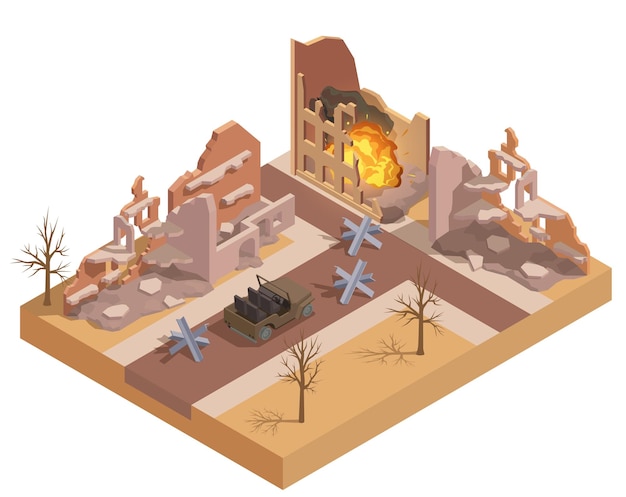 Edificios en ruinas en llamas destruidos con ilustración de vector isométrico de ciudad de guerra