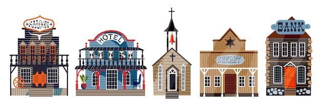 Edificios del salvaje oeste en el fondo horizontal de la carretera Panorama de la ciudad estadounidense occidental ilustración vectorial aislada Banco del hotel del salón de la iglesia y casa del sheriff