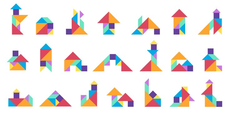 Vector edificios de tangram juego de rompecabezas geométrico para niños con cuadrados de triángulos de colores y formas de rombo construcción de geometría creativa de varios elementos conjunto de tangram vectorial