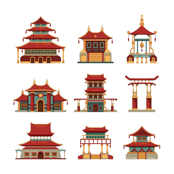 Vector edificios tradicionales de china. japón cultural objetos puerta pagoda palacio de dibujos animados colección de edificios