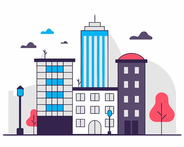 Edificios urbanos con ilustración de paisajes urbanos