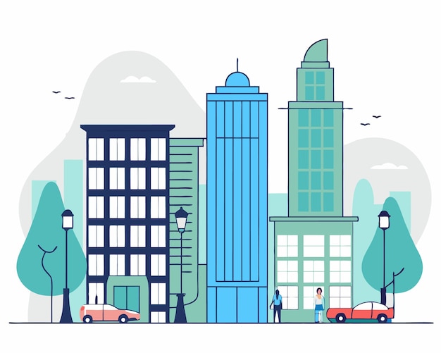 Edificios urbanos con ilustración de paisajes urbanos