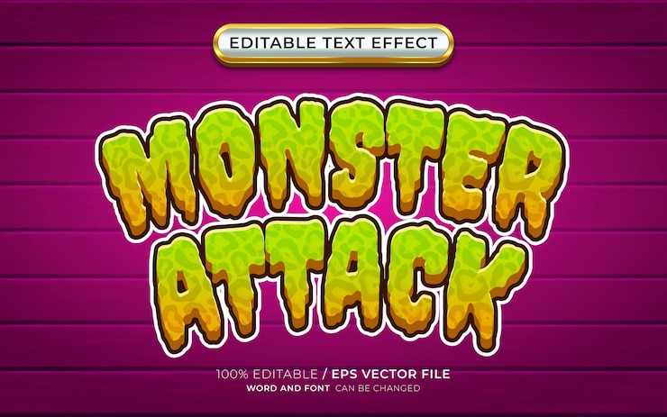 Vector editable monster attack efecto de texto 3d estilo de dibujos animados