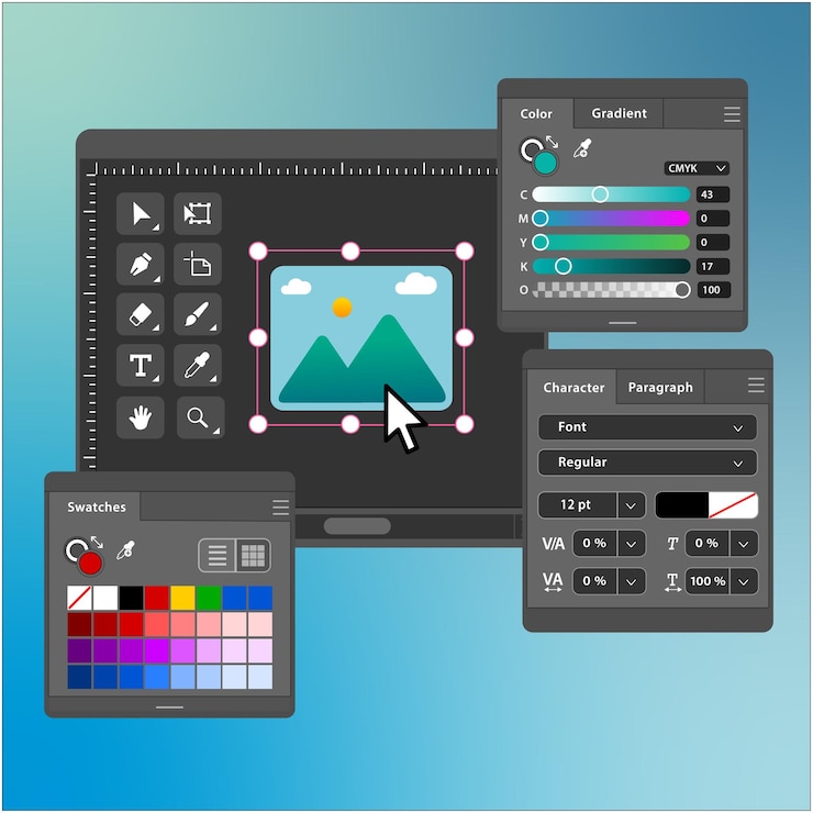 Vector editor de gráficos vectoriales y software de diseño de la interfaz de modo oscuro