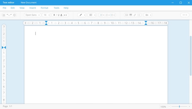 Editor de texto en tema blanco con página en blanco. Solicitud de documentación y corrección digital