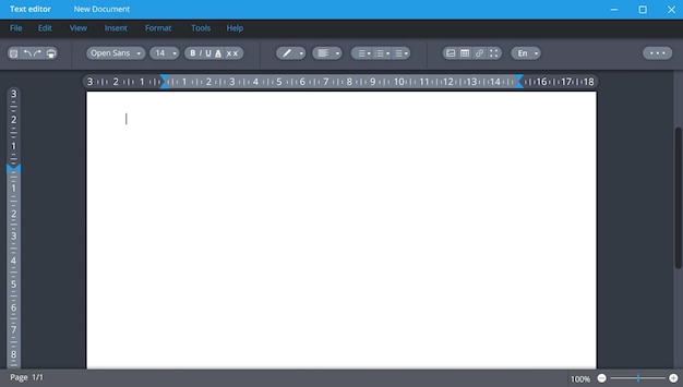 Editor de texto en tema oscuro con página en blanco. Aplicación digital para documentación y corrección con interfaz fácil de usar para trabajadores de oficina y escritores vectoriales.