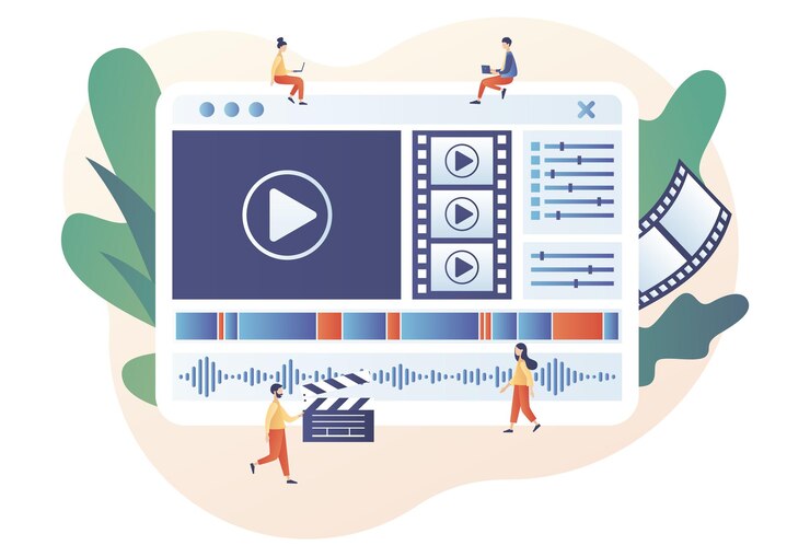 Vector editor de video. curso en línea de creación de videos. cine de estudio. edición y creación de metraje de personas diminutas