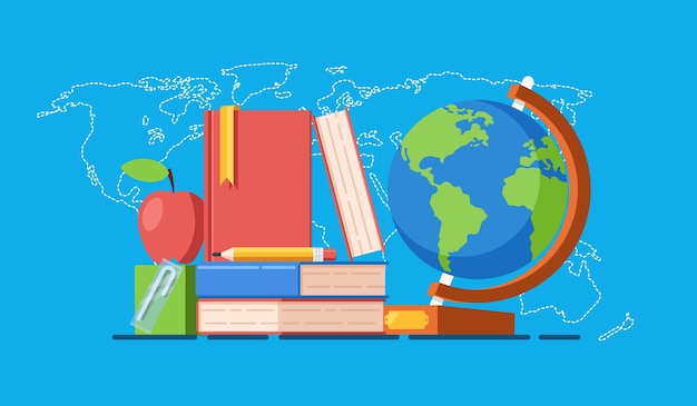 Educación accesible para todos los conceptos, pila de libros en el mapa mundial
