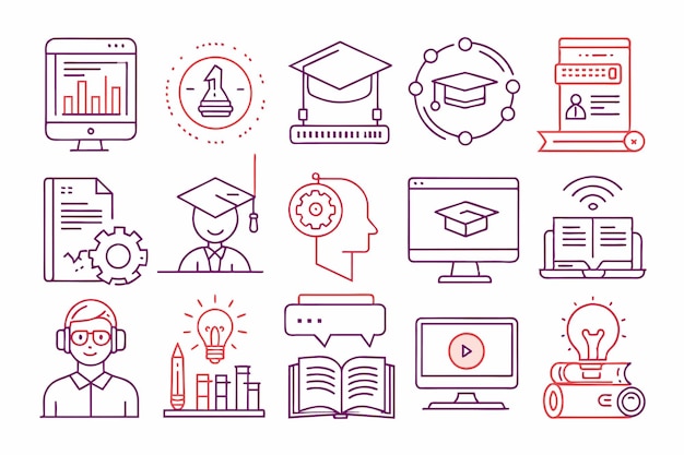 educación y aprendizaje iconos web en estilo de línea Libro de texto de la universidad de la escuela Vector de aprendizaje