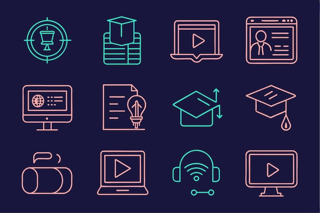 educación y aprendizaje iconos web en estilo de línea Libro de texto de la universidad de la escuela Vector de aprendizaje