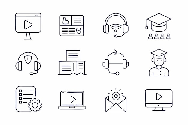 educación y aprendizaje iconos web en estilo de línea Libro de texto de la universidad de la escuela Vector de aprendizaje