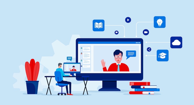 Vector educación y aprendizaje en línea con videoconferencia y reunión en línea