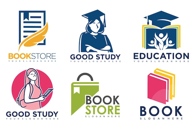 Educación y aprendizaje logo setschool bookgraduate hatbook store y studentTeaching símbolos