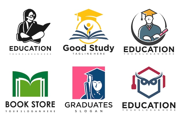 Educación y aprendizaje logo setschool bookgraduate hatbook store y studentTeaching símbolos