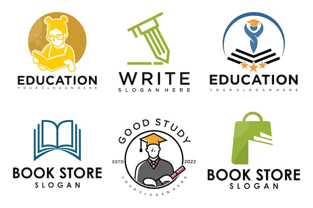 Educación y aprendizaje logo setschool bookgraduate hatpenbook store y studentTeaching símbolos