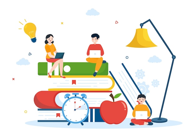 Educación y conocimiento Libros para aprender en estilo plano Dibujos animados Ilustración dibujada a mano