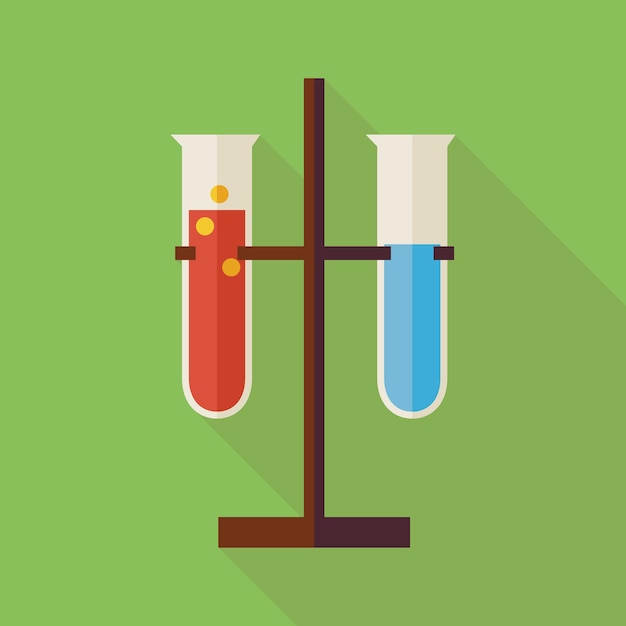 Vector educación de diseño plano y ciencia química dos frascos. regreso a la escuela y la educación ilustración vectorial. matraz colorido estilo plano con sombra larga. objeto de investigación y física biología.