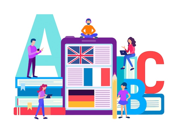 Educación a distancia aprender idiomas extranjeros ilustración vectorial