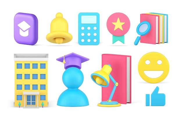 Educación e aprendizaje éxito buena calificación graduación lección matemática anillo campana conjunto 3d icono vector