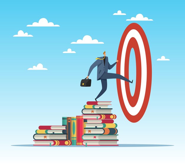La educación empresarial es el camino hacia la meta Hombre de negocios exitoso en pilas de libros Capacitación del personal y soporte de conocimientos de especialización Nuevas oportunidades Concepto aislado del vector