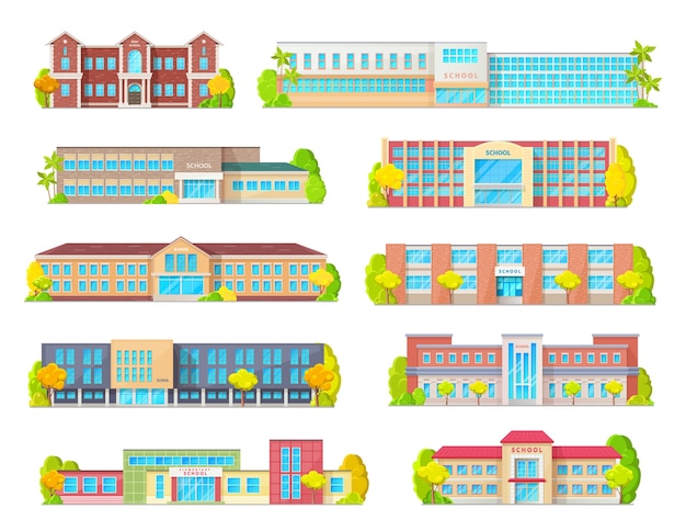 Educación escolar que construye iconos aislados con exteriores de escuela primaria, secundaria, primaria o primaria con puertas de entrada, ventanas y porches, calles y árboles. Temas de arquitectura educativa