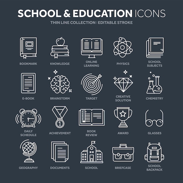 Educación escolar universidad Proceso de aprendizaje de estudio Lecciones de Oline Tutorial Conocimiento estudiantil Libro de historia Iconos web de línea delgada Colección de iconos de esquema