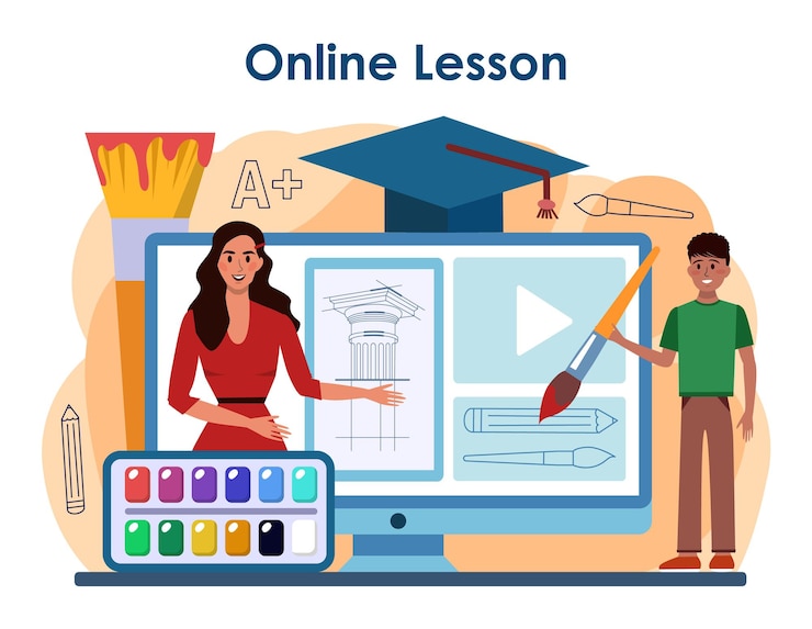 Vector educación en la escuela de arte, servicio en línea o plataforma de aprendizaje para estudiantes.