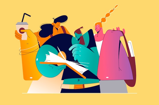 Educación, escuela, comunicación de discusión, concepto de amistad. Niñas adolescentes amigos universitarios estudiantes universitarios con libros hablando o discutiendo tareas juntos. Estudio y proceso de aprendizaje.