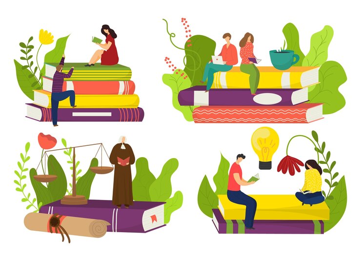 Vector educación establece concepto vector ilustración hombre mujer personaje en dibujos animados libro pila plana gente lee